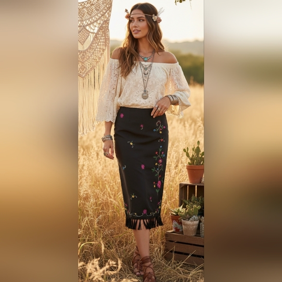 SilkLand Dresses & Skirts - Silkland Boho Black Embroidered 100% silk maxi skirt Size 8